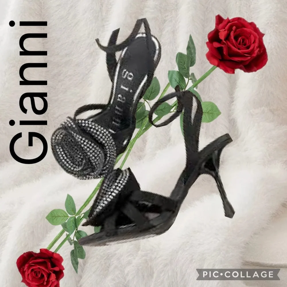 🌹 Gianni Bini Black Strappy Rose Embellished 3” Heels Square Toe Shoes Size 7.5